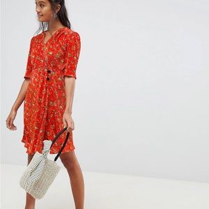 ASOS yellow floral red knee-length dress